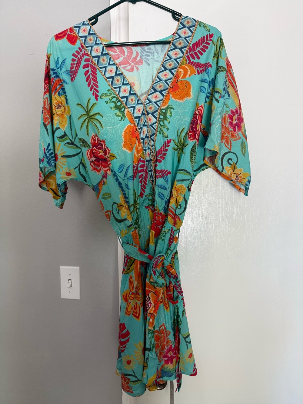 Cupshe Turquoise Floral Wrap Dress with Multicolor Tropical Print